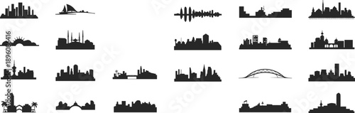 World city skyline silhouettes collection, famous urban landmarks skylines and bridges, modern metropolitan architecture scenes, black cityscape icons isolated on white background vector illustration