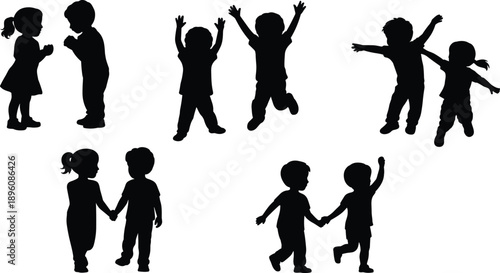 Children silhouettes playing and jumping together, happy boys and girls holding hands and celebrating joy, playful childhood activity concept
