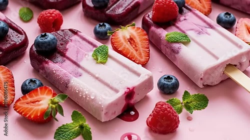 A vibrant close-up shot presents an inviting array of homemade fruit popsicles, artfully arranged on a soft pink background. Each refreshing ice pop, featuring delicious layers of creamy white and dee