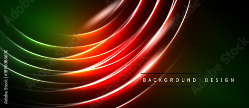 Abstract neon lines create dynamic flow. Vivid colors blend, forming modern background design. Dark space emphasizes bright curves.