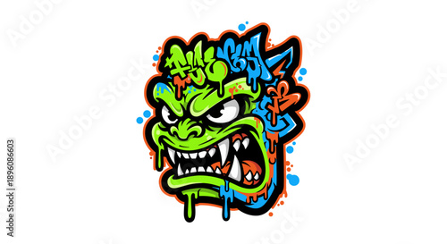 Graffiti Style Cartoon Dragon Head Illustration.