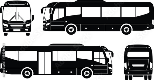 Bus silhouettes collection showing front side and perspective views, modern coach and city bus transportation concept, black vehicle figures isolated on white background vector illustration