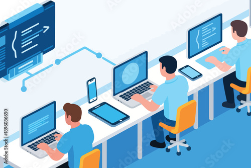 Illustration Of A Software Engineer Working On A Computer For Application Development Vector Design Template