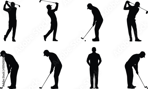 Golf player silhouettes swinging and putting, professional golfer action poses collection, sport recreation concept, black human figures isolated on white background vector illustration