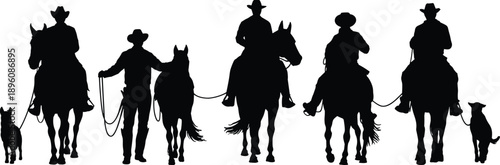 Cowboy silhouettes riding horses with dogs, western ranch lifestyle scene, country men on horseback, black animal and human figures isolated on white background vector illustration