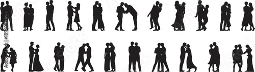 Romantic couple silhouettes dancing and hugging together, men and women in love poses, relationship passion concept, black human figures isolated vector illustration background