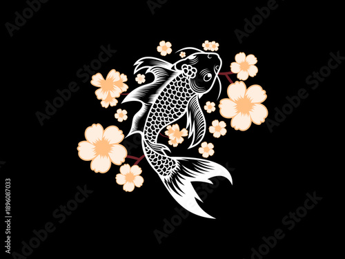 Koi Fish and Sakura Blossom Japanese Vector Illustration