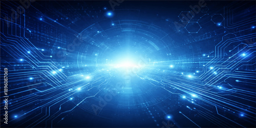 A futuristic digital backdrop featuring a bright blue motion wave and fractal star patterns creates an abstract light design symbolizing energy and space technology in this glowing science concept