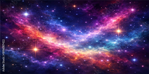 An abstract deep blue nebula glows within a dark starry universe, featuring a bright cosmos galaxy and fantasy outer space background filled with light and celestial constellations