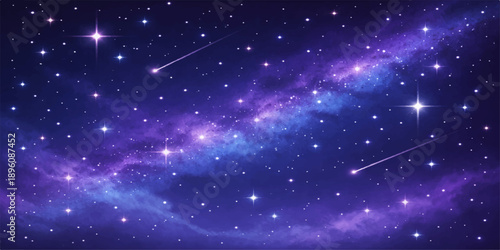 A vast dark blue starry night sky reveals a deep cosmic nebula and bright constellations shimmering across an abstract galaxy within the infinite outer space universe