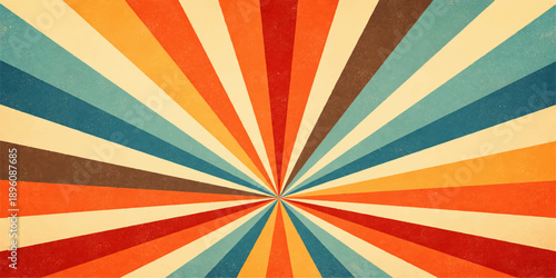 Vintage retro background with colorful stripes features a grunge sunburst pattern and old paper texture in a vibrant vector illustration design for a nostalgic wallpaper poster backdrop