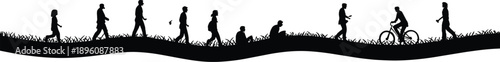 People silhouettes walking outdoors, men women children daily activities with bicycle and mobile phone, black human figures on grass landscape background vector illustration