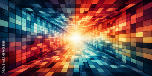 Abstract colorful digital art featuring a futuristic orange and blue geometric square pattern with a bright motion blur texture for a high-tech mosaic wallpaper backdrop