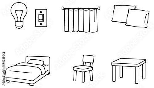 A collection of household objects and furniture items drawn in a simple line art style