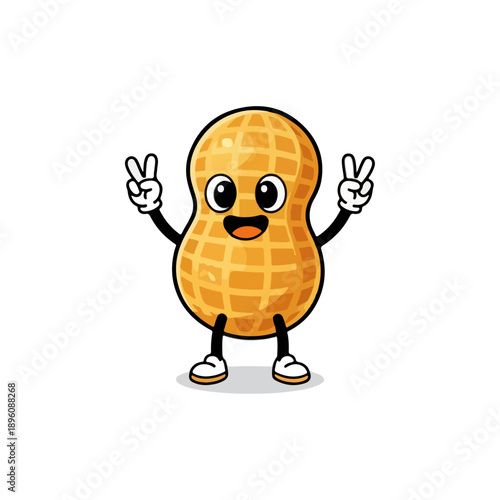 Cute Peanut Cartoon Character Showing Peace Sign.