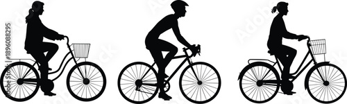 Cyclist silhouette vector, bike rider icons, black bicycle illustration, road and city cycling, editable graphic, sport commute design, minimal