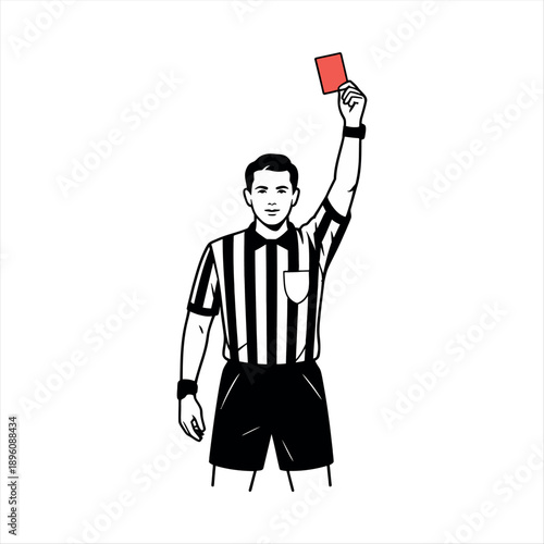 A referee holding a red card during a soccer match, ready to issue a penalty. Vector