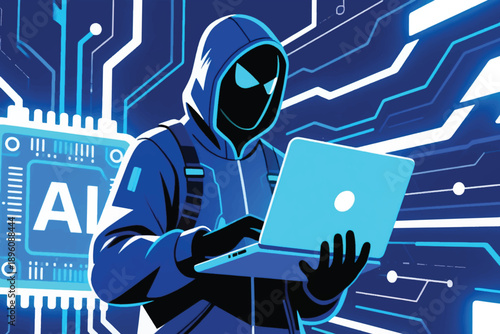 Illustration Of Anonymous Hacker In Hood Using Laptop For Cybercrime And Security Breaches Vector Design Template