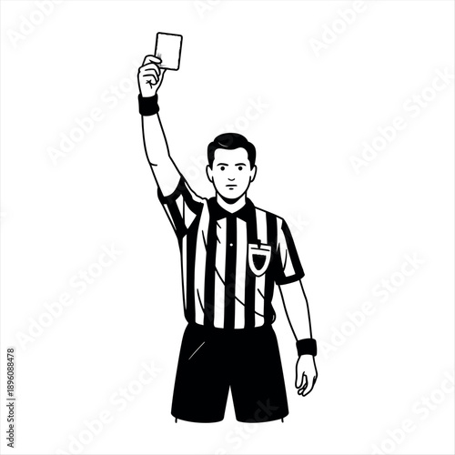 A referee in a striped shirt holding up a yellow card on a black and white field Vector