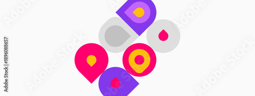 Abstract colorful shapes overlap white background. Geometric forms create playful composition. Bright hues dominate design.