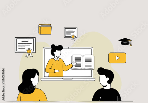 Illustration of a teacher and student engaged in online education with laptops in a simple, colorful setting conveying a learning mood.
