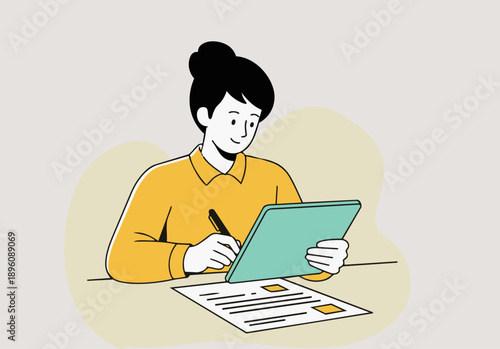 Hand Made Illustration of a girl studying with Tab and writing in a notebook with a pencil simple vector design isolated on white background
