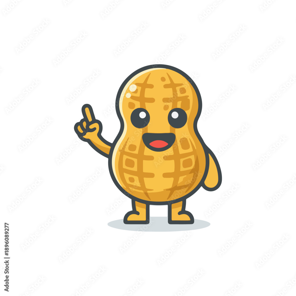 Obraz premium Cute cartoon peanut character pointing finger up.