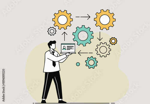 A man with tie and formal suiting  works on a laptop surrounded by settings and elements stock illustration template