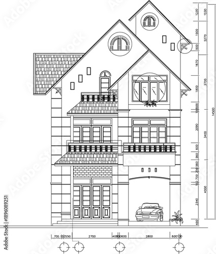 vector sketch illustration silhouette design architectural engineering drawing view facade of a simple multi-story house with a sloping roof detail scale size