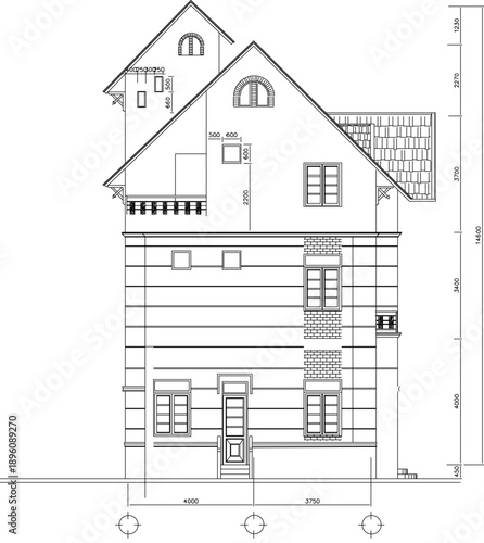 vector sketch illustration silhouette design architectural engineering drawing view facade of a simple multi-story house with a sloping roof detail scale size 