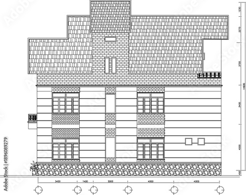 vector sketch illustration silhouette design architectural engineering drawing view facade of a simple multi-story house with a sloping roof detail scale size
