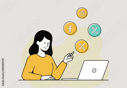 A marketer analyzing social media icons floating near a laptop, digital marketing strategy concept flat illustrations stock Template 