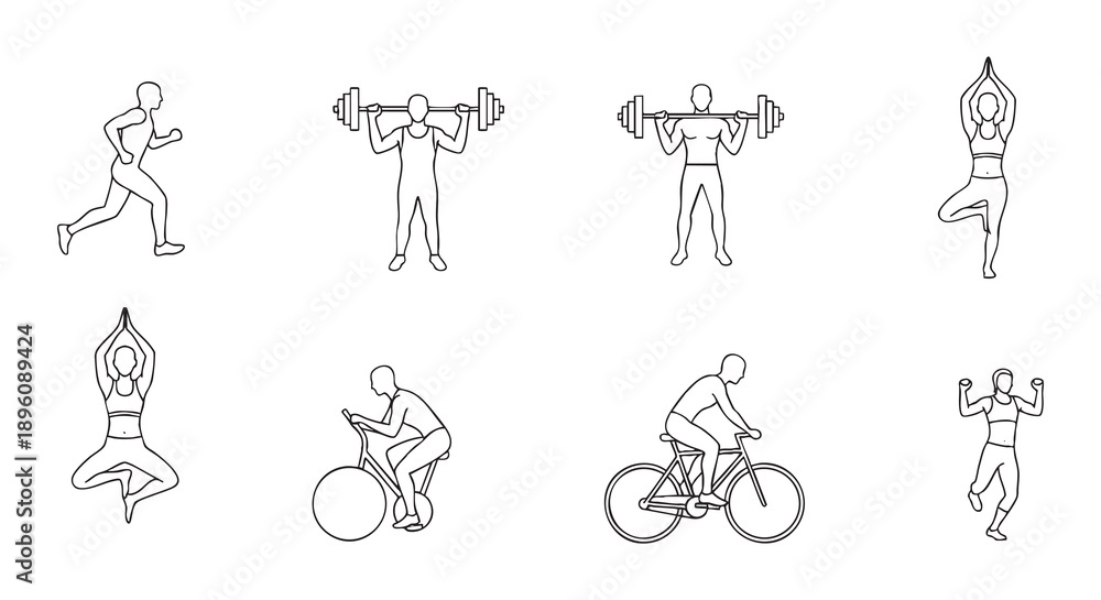 Naklejka premium Vector Illustrations of Running, Weightlifting, Cycling, and Yoga Poses