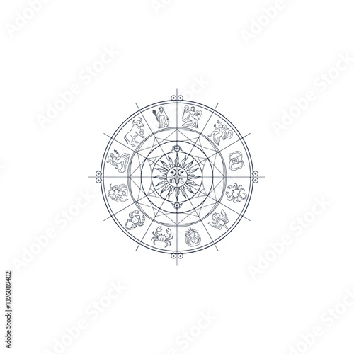 Intricate Astrological Zodiac Wheel with Celestial Symbols and Horoscope Signs.