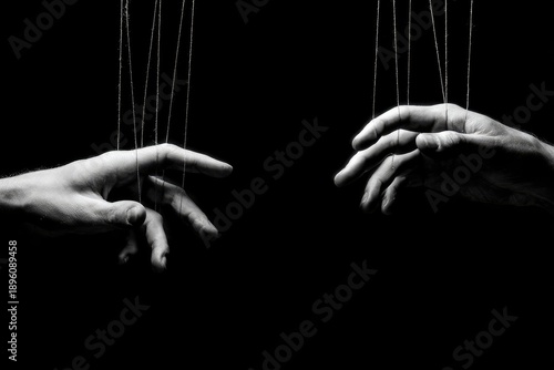 Two hands manipulated by a rope on a black background