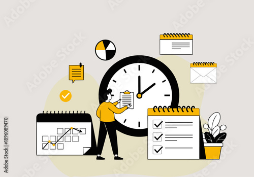 a professional organizing tasks with a large clock icon beside them, productivity and time management concept flat illustration stock template 