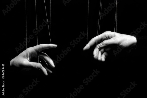 Two hands manipulated by a rope on a black background