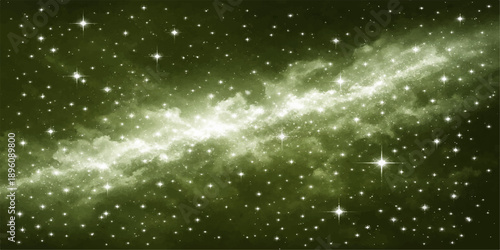 Abstract green fiber optics background with bright light spots creating a glowing universe of stars and nebula dust across a dark blue cosmic sky