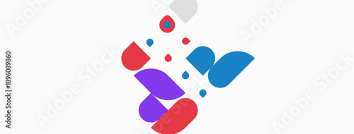 Abstract shapes, vibrant colors, dynamic composition. Red, blue, purple elements float over white background. Modern design.