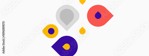 Colorful droplets float above white surface. Shapes vary in size, hue, creating playful visual effect. Simple design.