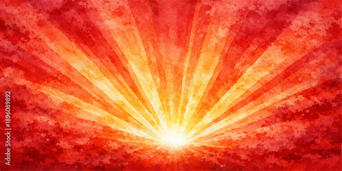 An abstract red background features a bright explosion of fire and color where orange sun rays burst with glowing energy to create a vibrant star pattern illustration

