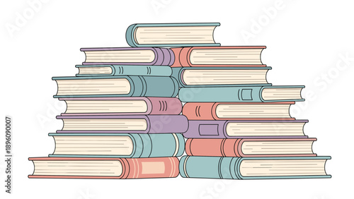 Large organized stacks of colorful hardcover books with varied spine designs in a simple illustrated flat style.
