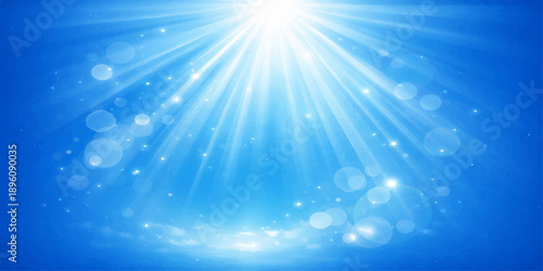 A bright summer sun bursts through a clear blue sky, casting glowing rays and a natural flare against a vibrant nature backdrop in this vector illustration design