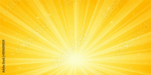A bright summer sunburst illustration features warm orange rays and glowing yellow sunlight beams exploding across a clear sky in a vibrant vector design

