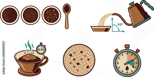 Manual Coffee Brewing Guide and Preparation Steps Icons