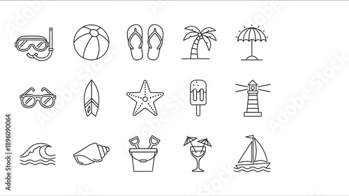 Minimalist collection of summer and beach icons in black and white line art style