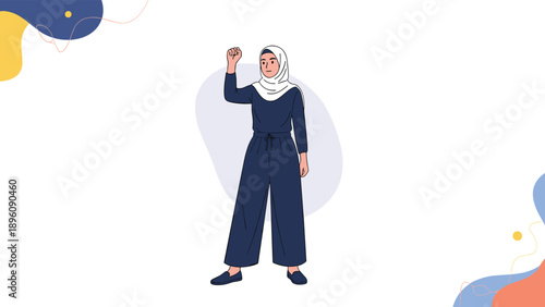 Empowered woman wearing a blue jumpsuit and white hijab stands with a raised fist as a symbol of protest, strength, and female solidarity.