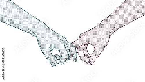 Two hands hold each other by the pinky fingers in a gesture of a promise, trust, or friendship depicted in a detailed stippled style.