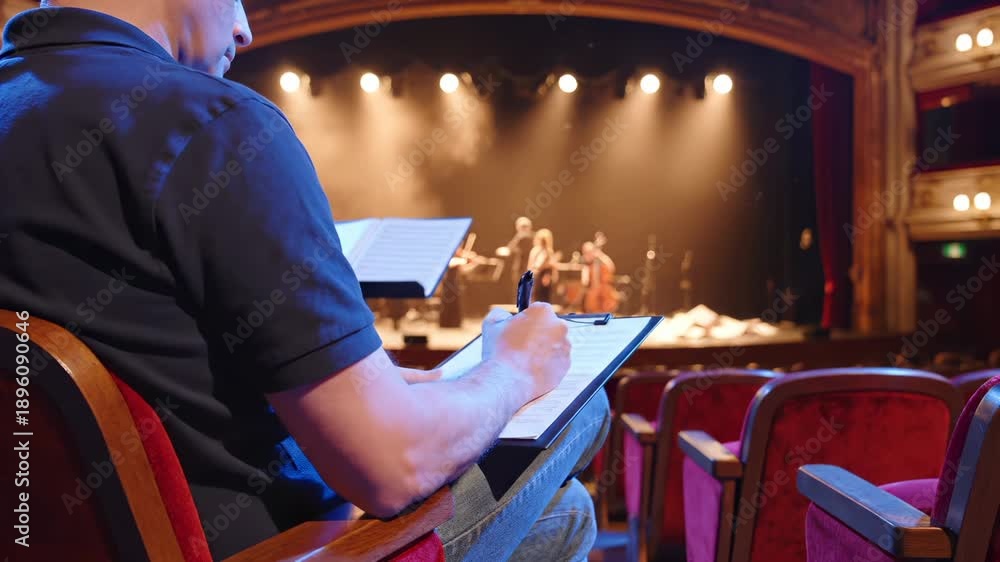 Vidéo Stock Person takes notes watching theater rehearsal on stage ...