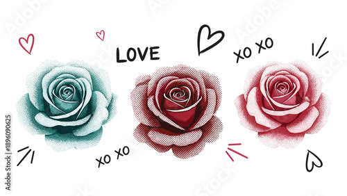 Artistic composition features three roses in shades of red and teal accompanied by hand drawn love symbols and romantic expressions.